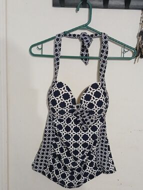 Navy and White Printed Halter One-Piece Swim Top